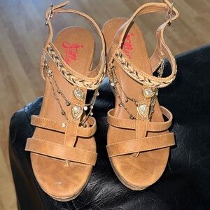 Jellypop Tan Braided T-Strap Sandals with Heart & Chain Accents